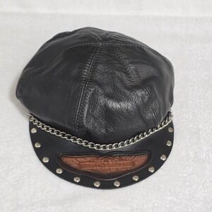 VTG 80s Harley Davidson Motorcycles Leather Captain's Cap Hat Chain Studs O/S